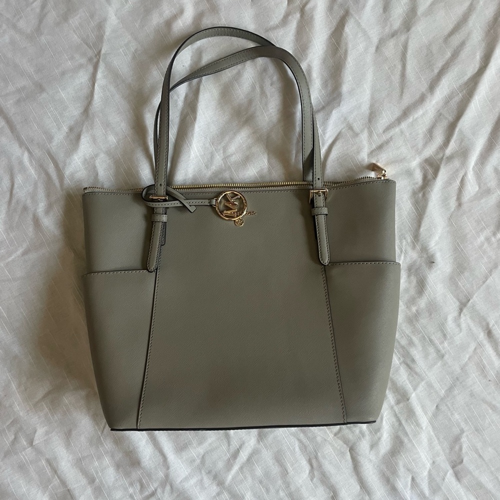Michael Kors large size, pale green, two handle, leather satchel
